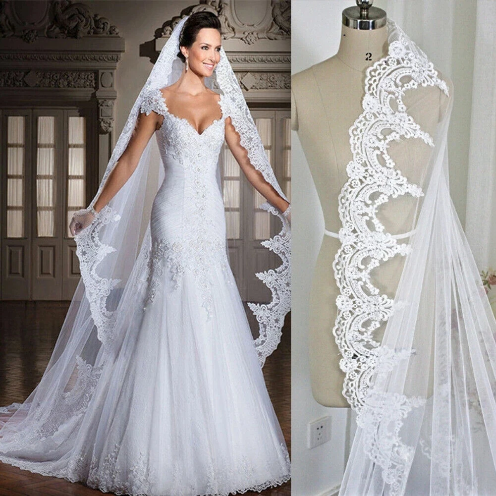 Kathedrale Langer Brautschleier Weiß Elfenbein Hochzeit Spitzenschleier Muslimischer Schleier 3 m 4 m 5 m Hochzeitsaccessoires Customiz Schleier