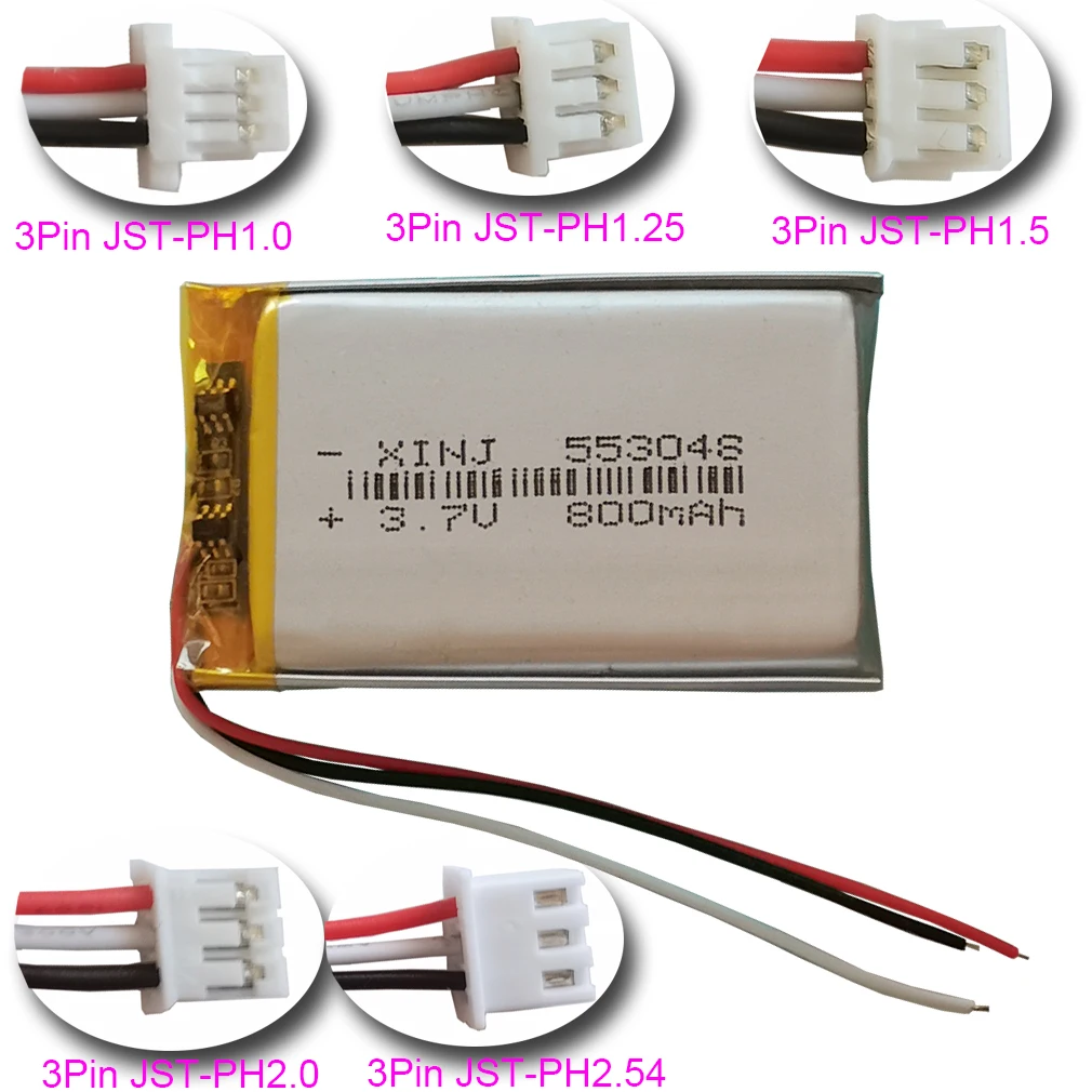 3,7 V 800mAh 2,96 Wh Therm istor 3-adrige wiederauf ladbare Li-Polymer-Li-Lithium-Batterie 1,0 3-polig jst-xh 1,25 1,5 2,0 0, 5 2,54mm plut Image