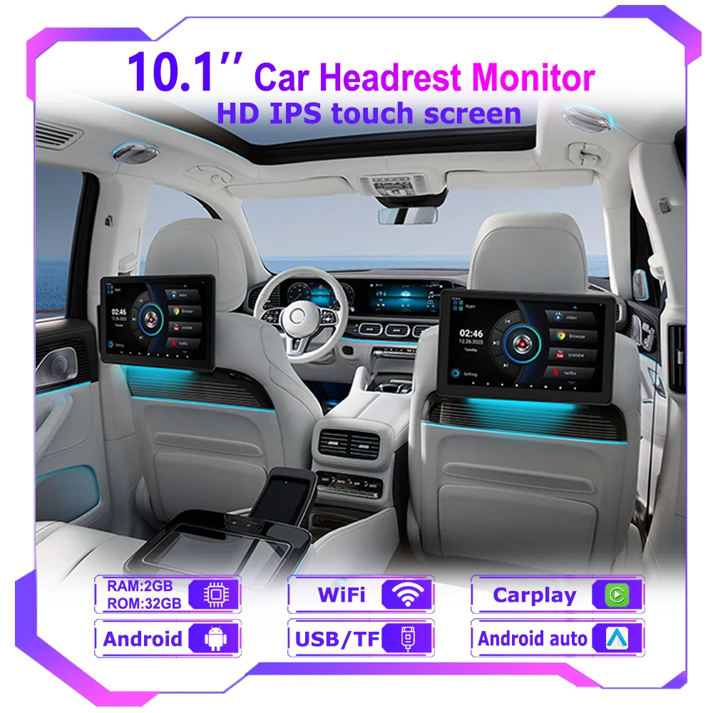 Incell 10,1 "Android 13 Auto Kopfstütze Monitor Ultra-dünne Touchscreen Für Hinten Sitz Multimedia Player Carplay Umgebungs lichter BT Image