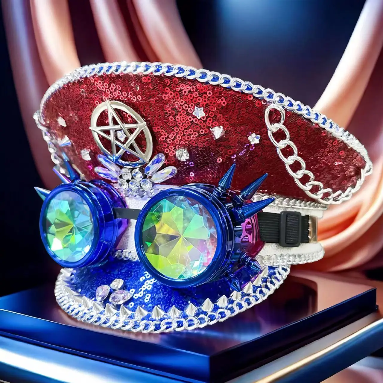 Festival-Kapitänsmütze, mehrfarbig, handgefertigt, Luxus-Maskerade-Militärmütze, Steampunk-Kappen mit Schutzbrille, Mucis Festival, Unisex, Erwachsene Image