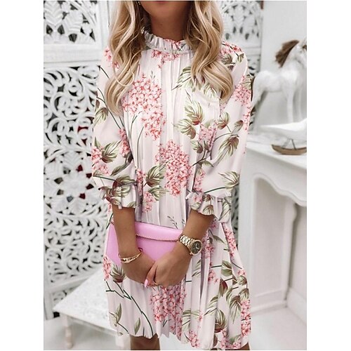 Damen Freizeitkleid Blumen Rüschendruck Stehkragen Minikleid Stilvoll Casual Täglich Date Langarm Herbst Image