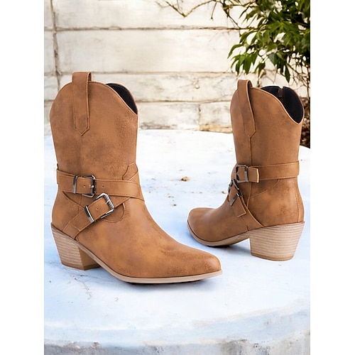 Damen Stiefel Retro Cowgirl-Stiefel Outdoor Arbeit Täglich Stiefeletten Schnalle Blockabsatz Spitze Zehe Mode Western PU Slipper Schwarz Braun