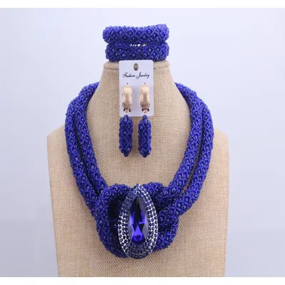 Chunky Women Royal Blue African Beads Bridal Jewelry Sets For Wedding Nigerian Beads Necklace Earrings Bracelet Set Of Jewelry