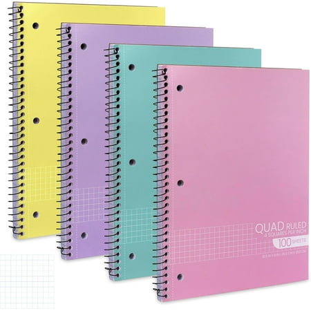 Graph Paper Spiral Notebook - Graph Paper Notebook Quad Ruled Grid Notebooks Perforated Pages - 10.5 X 8 Inches - 1 Subject Wirebound Notebook - Assorted Colors - 100 Sheets per Book - (4 Pack)