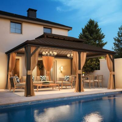 12'x18' Hardtop Gazebo with Curtains & Mesh, Double-Layer Galvanized Steel Roof, Aluminum Frame Outdoor Pergola with 3 Hooks