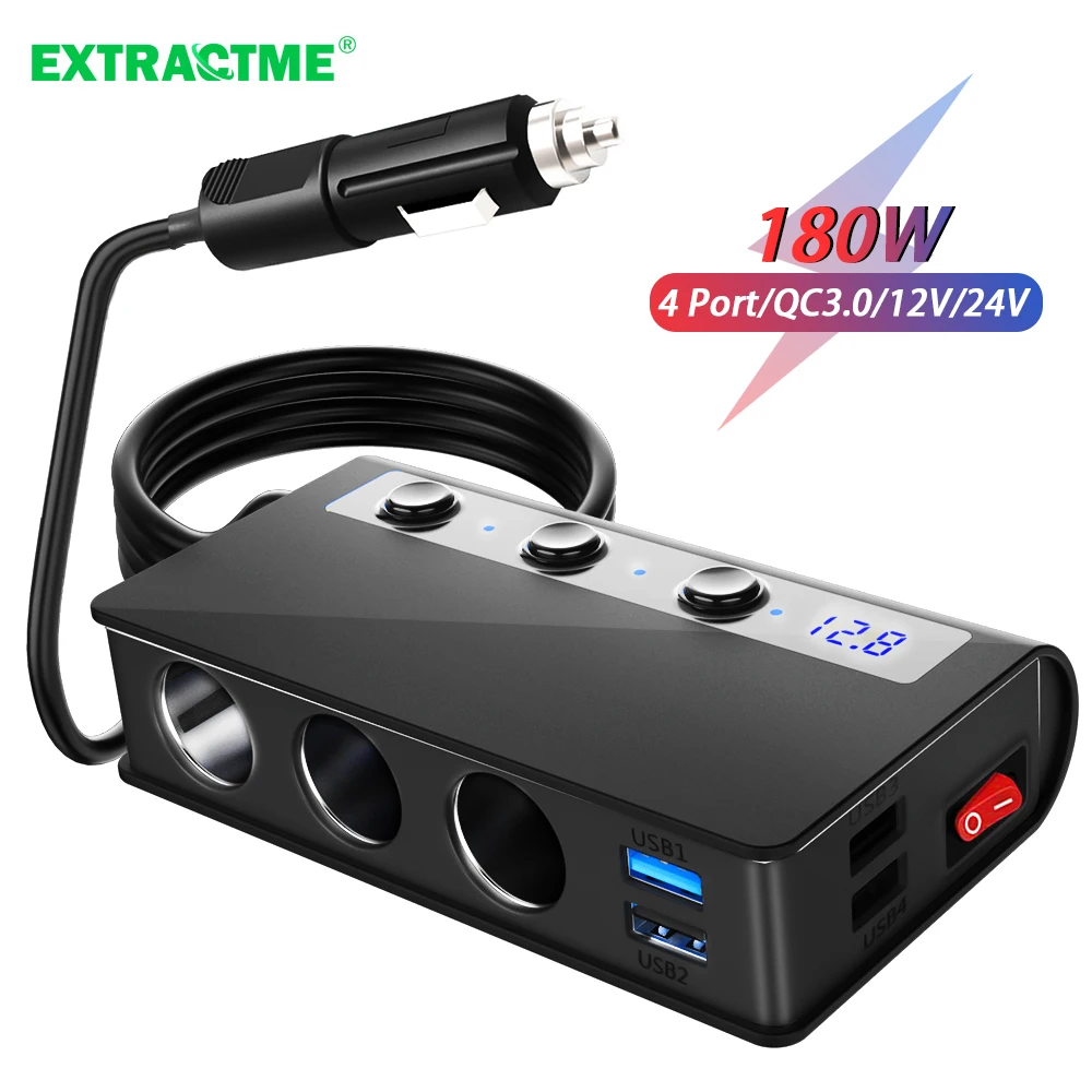 Extractme 180 W Zigarettenanzünder Splitter Quick Charge 3.0 Autoladegerät Adapter 12 V/24 V 4 Port USB-Ladebuchse für Telefon IPad Image