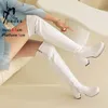 8,5 cm Chunk Heels Frauen über dem Knie Stiefel Seite Reiß verschluss weiß Leder Herbst Winter lange Schuhe Oberschenkel hohe Stiefel plus Größe 44 45 46