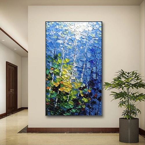 3D-Gemälde auf blauem Wald, handgefertigt, hohes vertikales Ölgemälde auf Leinwand, Wandkunst, Baum, abstrakte Leinwand, handgefertigt, lange, schmale Wanddekoration, übergroßes Ölgemälde, große Image