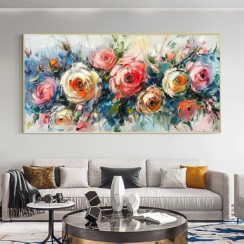 handgemachtes original buntes Blumenölgemälde auf Leinwand abstrakte florale Wandkunst Dekor Wohnzimmer Wohndekor mit gespanntem Rahmen/ohne Innenrahmen Gemälde Image