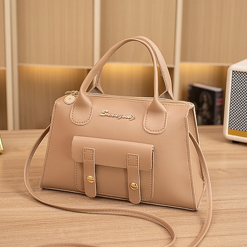 Weiße Damenhandtasche aus Kunstleder mit Tragegriff oben und Schnallendetail vorne – elegante, strukturierte Umhängetasche für Büro, Reisen und den täglichen Gebrauch