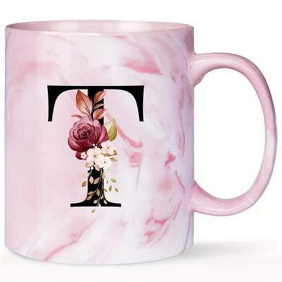 Pink Marbled Ceramic Coffee Mug with Floral Monogram A-Z, Birthday Gift for Women, Mom, Best Friend, Bride, Bridesmaid, White Tea Cup, Thanksgiving/Christmas Gift