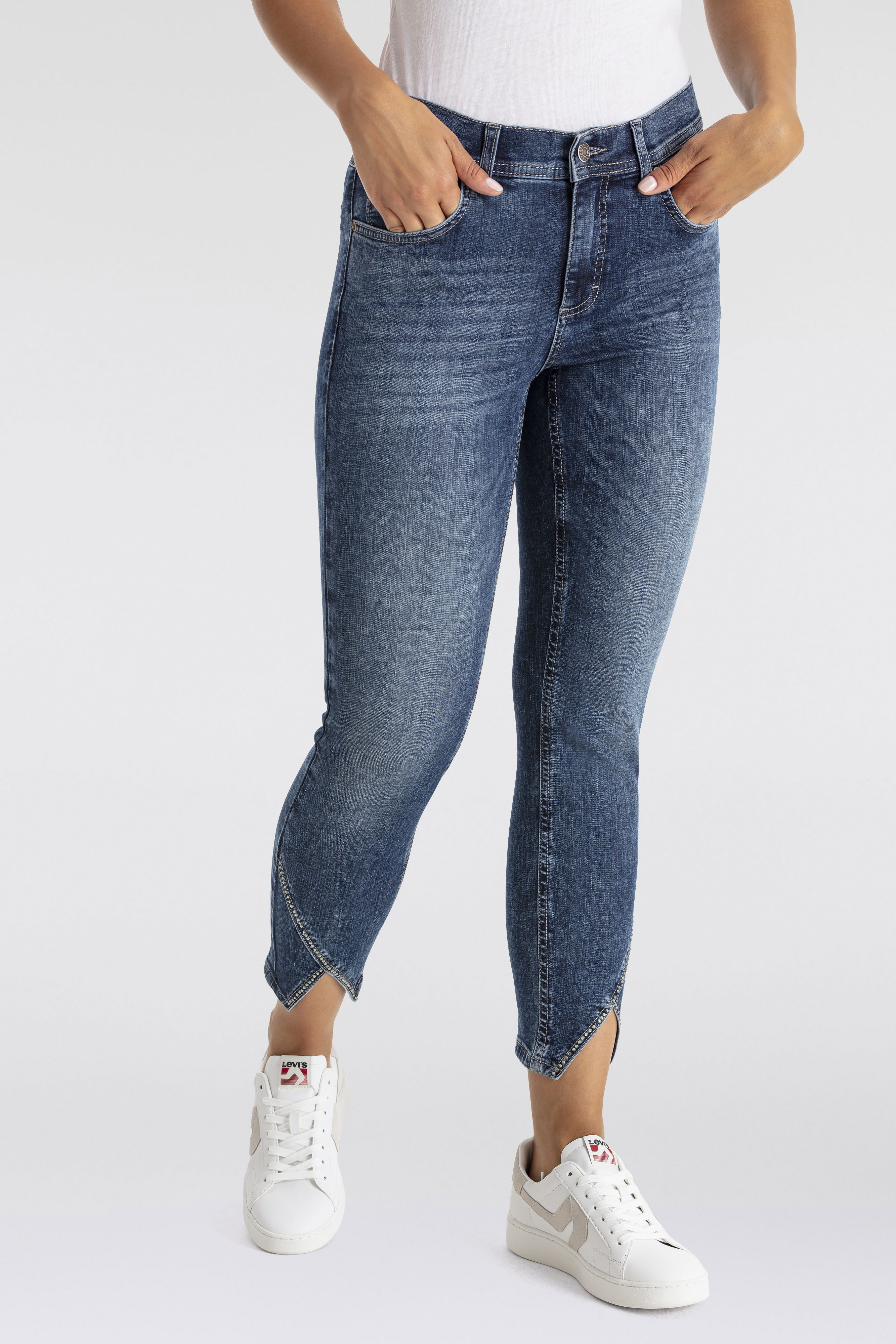 7/8-Jeans ANGELS "Ornella", Damen, Gr. 42, N-Gr, blau (mid blau r), Denim/Jeans, Obermaterial: 92% Baumwolle, 6% Polyester, 2% Elasthan, slim fit 7/8-Länge, Jeans, mit Strassteinchen am Beinabschluß Image