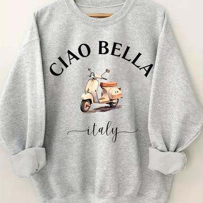 "TEMU Women's Casual Long Sleeve Round Neck Sweatshirt - Italian-inspired " Bella Italy" Graphic With Scooter Design, Gray, Machine Washable, Autumn/winter , Winter Clothing, Relaxed , Soft Fabric" Image