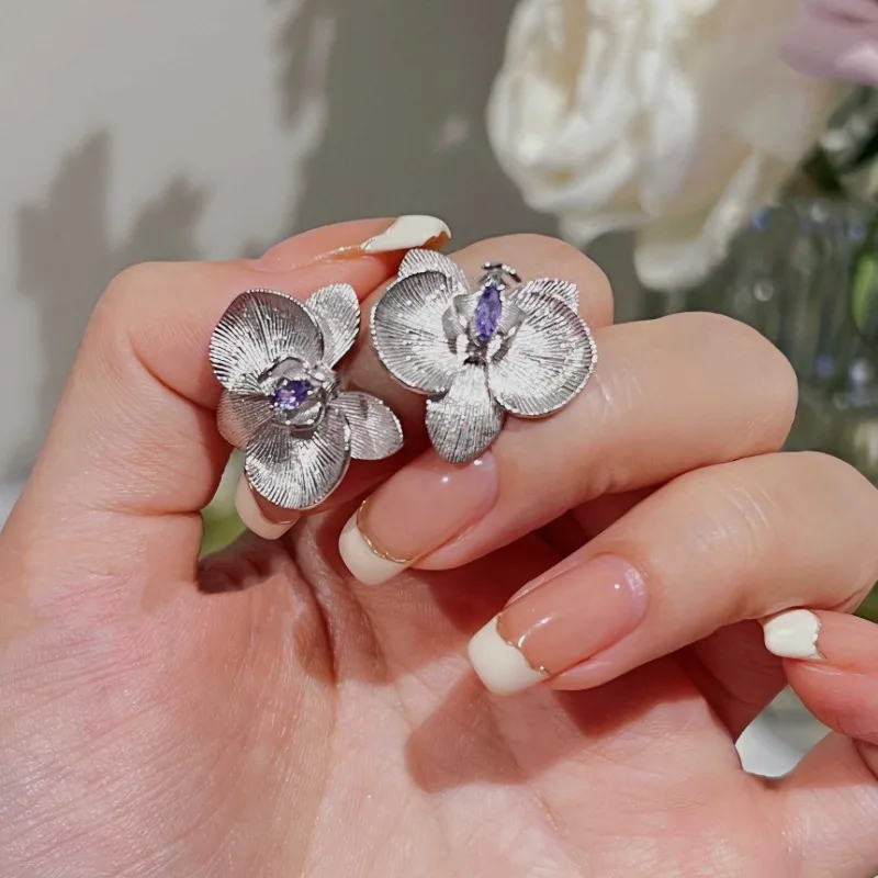 925 Silber hochwertige Schmetterling Orchidee Blumen ohrringe für Frauen Mode Draht Zeichnung lila Edelstein Ohrringe Ohr stecker Hochzeits schmuck Image