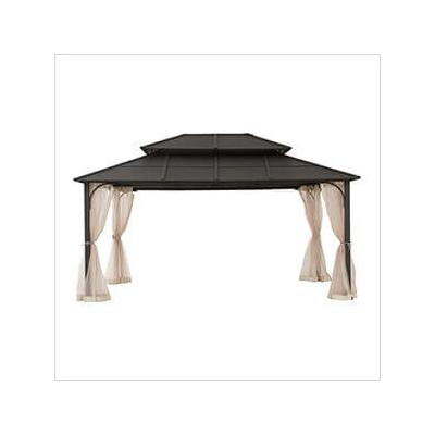 Sunjoy Group 12 x 16 Steel Gazebo with 2-Tier Roof Hardtop Gazebo with Ceiling Hook and Netting