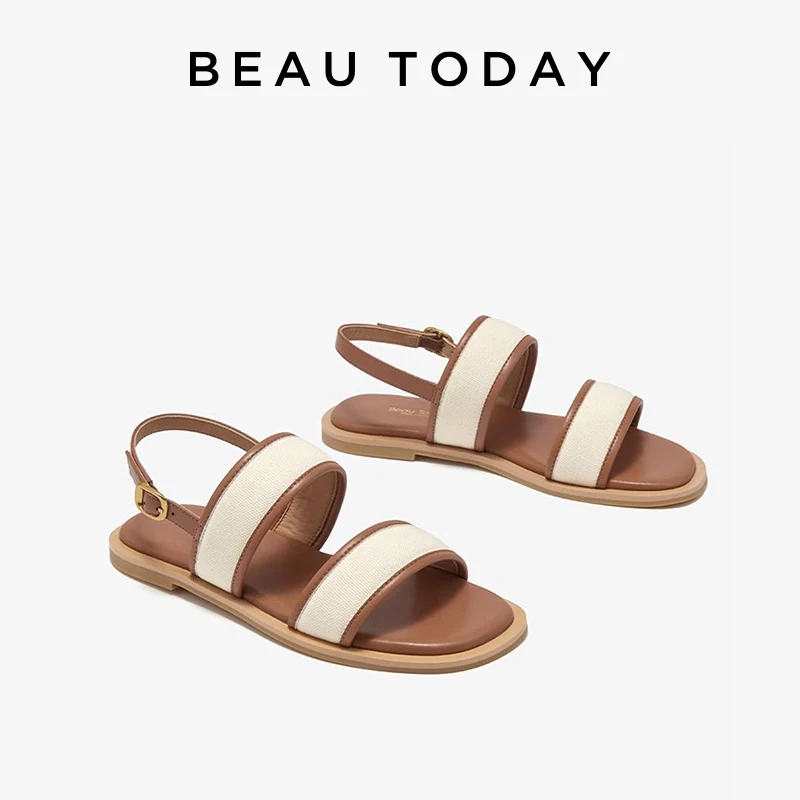 BEAUTODAY Basic Sandals Women Low Heels Brown Genuine Leather 2024 Summer Office Ladies Casual Outdoor Flat Shoes Female 32446