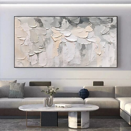 3D-Blumenölgemälde, handgemalt, dickes Strukturölgemälde, beige-weißes Gemälde auf Leinwand, abstraktes strukturiertes Ölgemälde für Wandkunst, Gemälde für Wohnzimmer Image