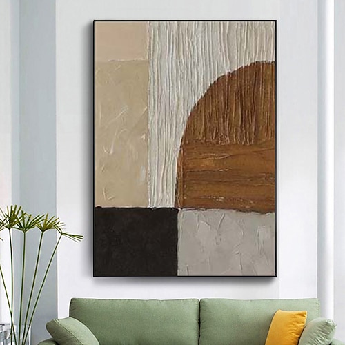 handgemaltes braun-weißes Wabi-Sabi-Wandbild, braun-schwarzes abstraktes Gemälde auf Leinwand, weißes Strukturgemälde, großes neutrales Wanddekor für Wohnzimmer, gespannter Rahmen Image