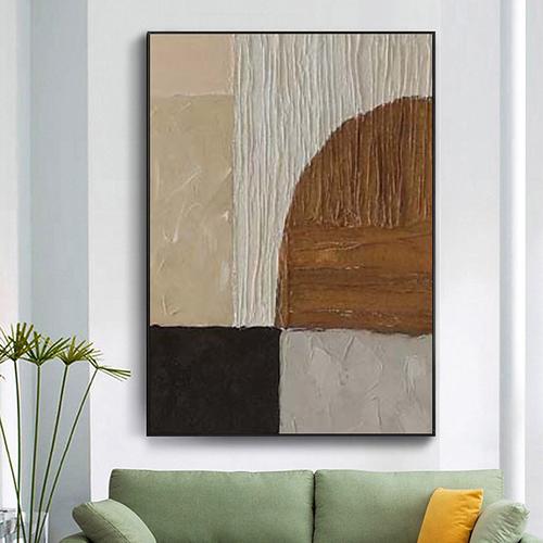 Hand-painted Brown White Wabi Sabi Wall Art Brown and Black Abstract Painting on Canvas White Texture Painting Large Neutral Wall Decor for Living Room Stretched Frame