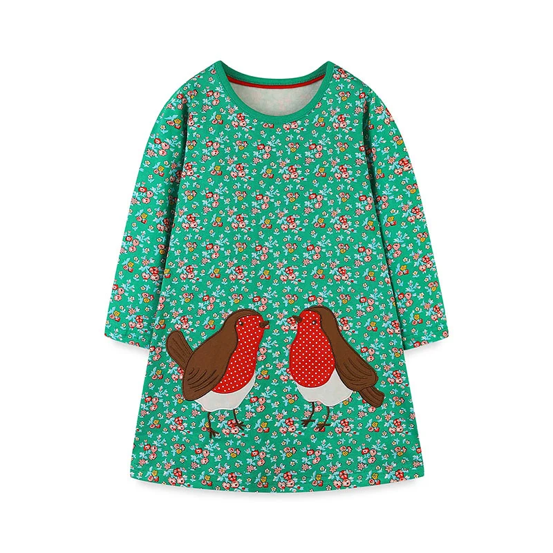 Jumping Meters 2-7T Mädchen Kleider Vögel Applikation Herbst Frühling Kinder Party Mädchen Kleidung Langarm Floral Kinder Kleider Image