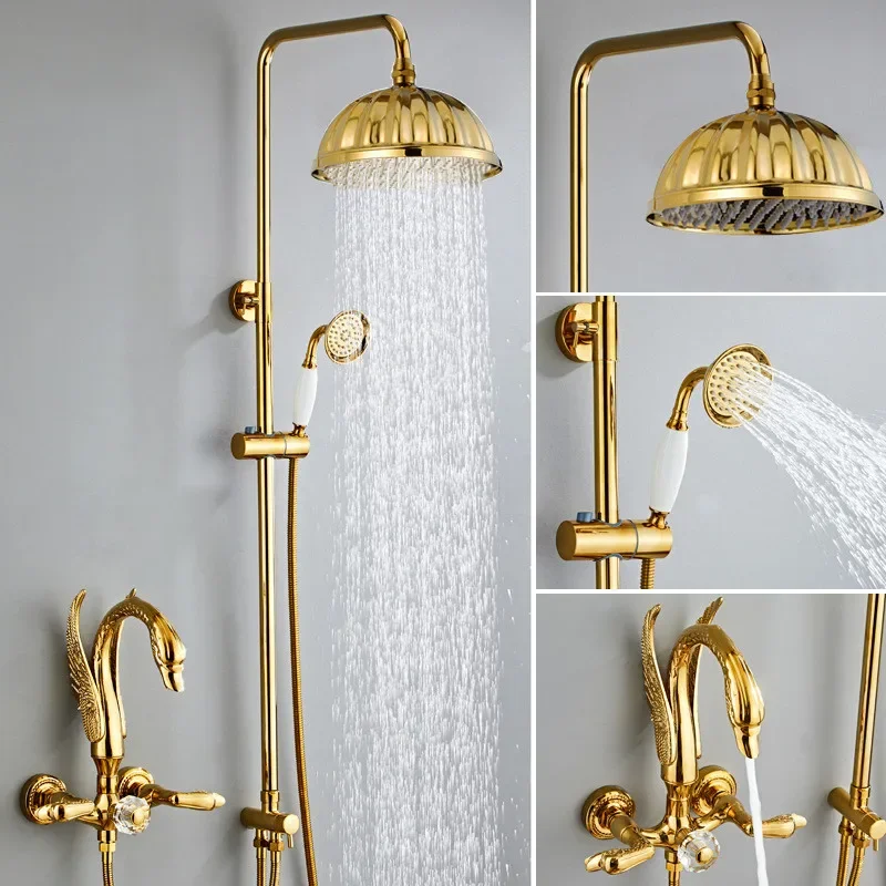 Bad Dusche Wasserhahn Set Gold Schwan Bad Regen Dusche Mischbatterie poliert Gold Messing Bad und Dusche Wasserhahn Set