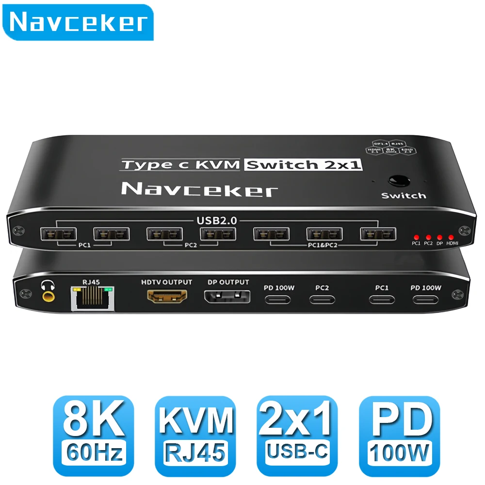 Navceker 2x1 8k thunderbolt 4 usb c kvm schalter rj45 144 w pd ladung 4k hz typ c kvm schalter umschalter für 2 computer 1 monitor Image