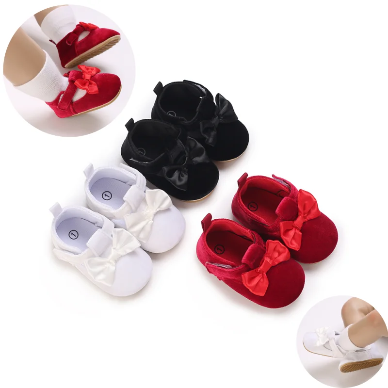 0-18M Newborn Baby Shoes Baby Boy Girl Shoes Girl Classic Bowknot Rubber Sole Anti-slip PU Shoes First Walker Toddler Crib Shoes