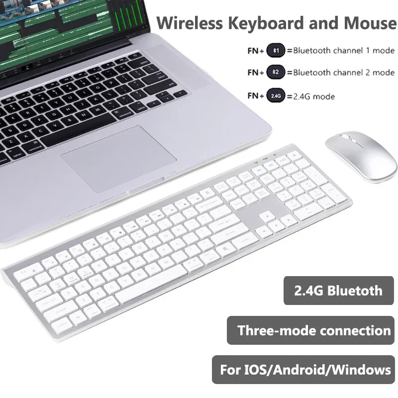Bluetooth-Tastatur, kabellose 2,4-G-Tastatur und Maus-Kombination mit drei Modi, wiederaufladbare Multi-Geräte-Tastaturen für iOS/Android/Windows Image