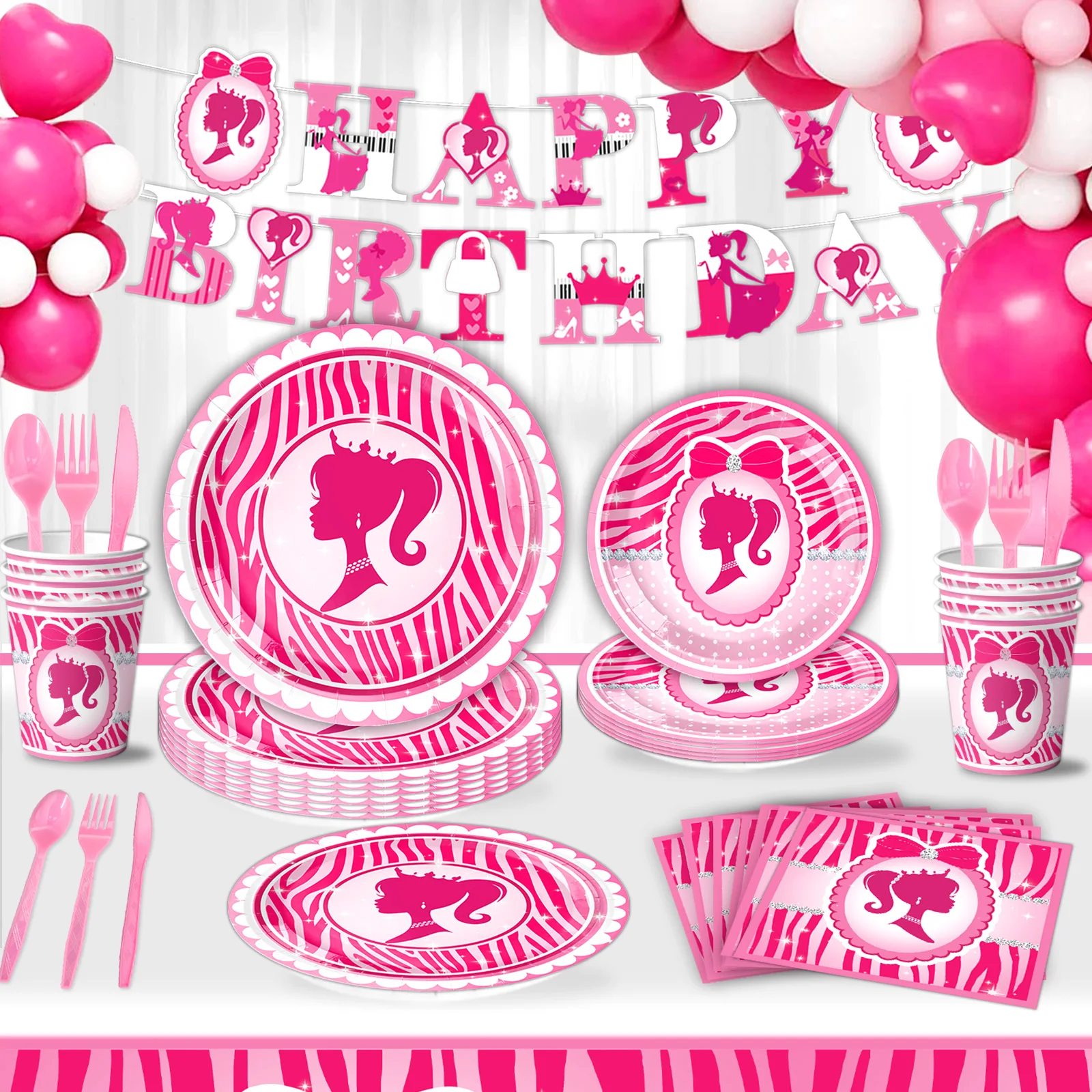 Rosa Barbie-Themen, alles Gute zum Geburtstag, Urlaub, Party, Einweggeschirr, Zubehör, Baby-Show, Pappteller, Tasse, Papierhandtuch, TASCHE Image