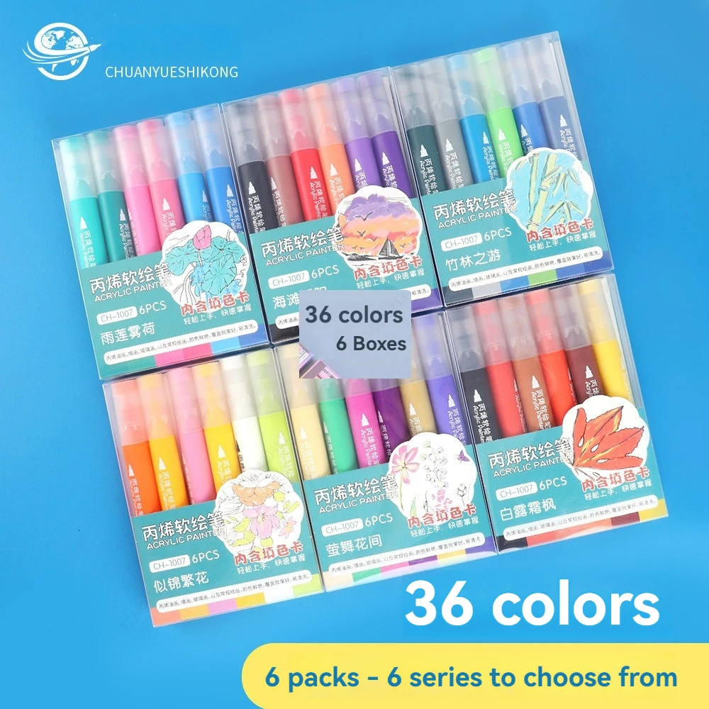 6-Farben-Acryl-Markierungsstifte mit weicher Pinselspitze, wasserfeste Tinte, schreibt auf Papier, Stein, Gummi, Keramik, Holz, Glas und mehr Image