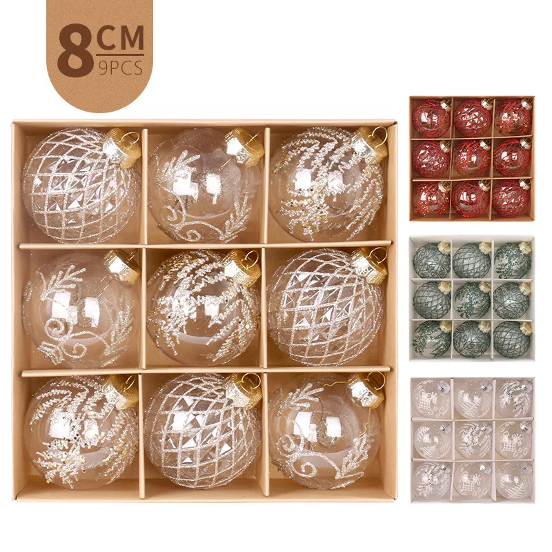 8cm/9pcs Weihnachts ball transparentes Haustier gemalt Weihnachten tre Dekorationen Geschenk box Set Weihnachts baum Anhänger Frohe Weihnachten Party Image