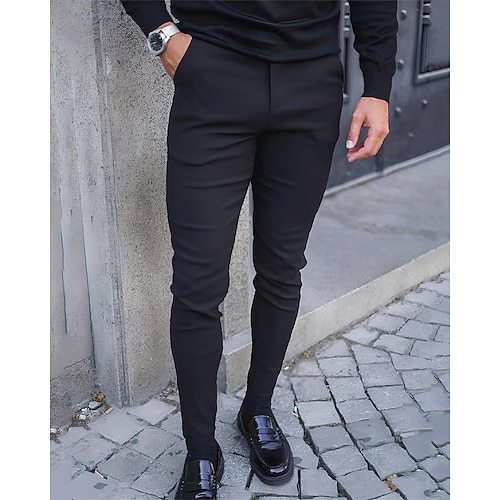 Herren Abschlußfeier Anzughose Tapered Hose Hose Chinos Knöpfe Tasche Einfach Komfort Formell Arbeit Geschäft Mode Klassicher Stil Schwarz Dunkelblau Mikroelastisch Image