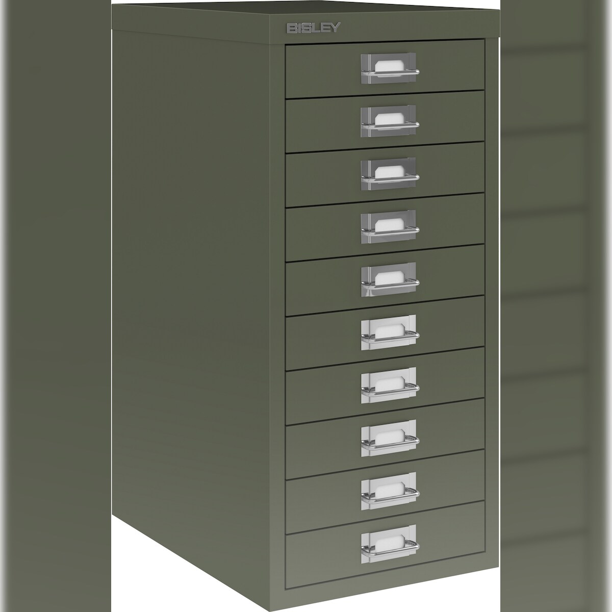 Bisley Multidrawer Schubladenschrank aus Metall mit 10 Schubladen DIN A4 ohne Sockel - Farbe: Olivgrün Image