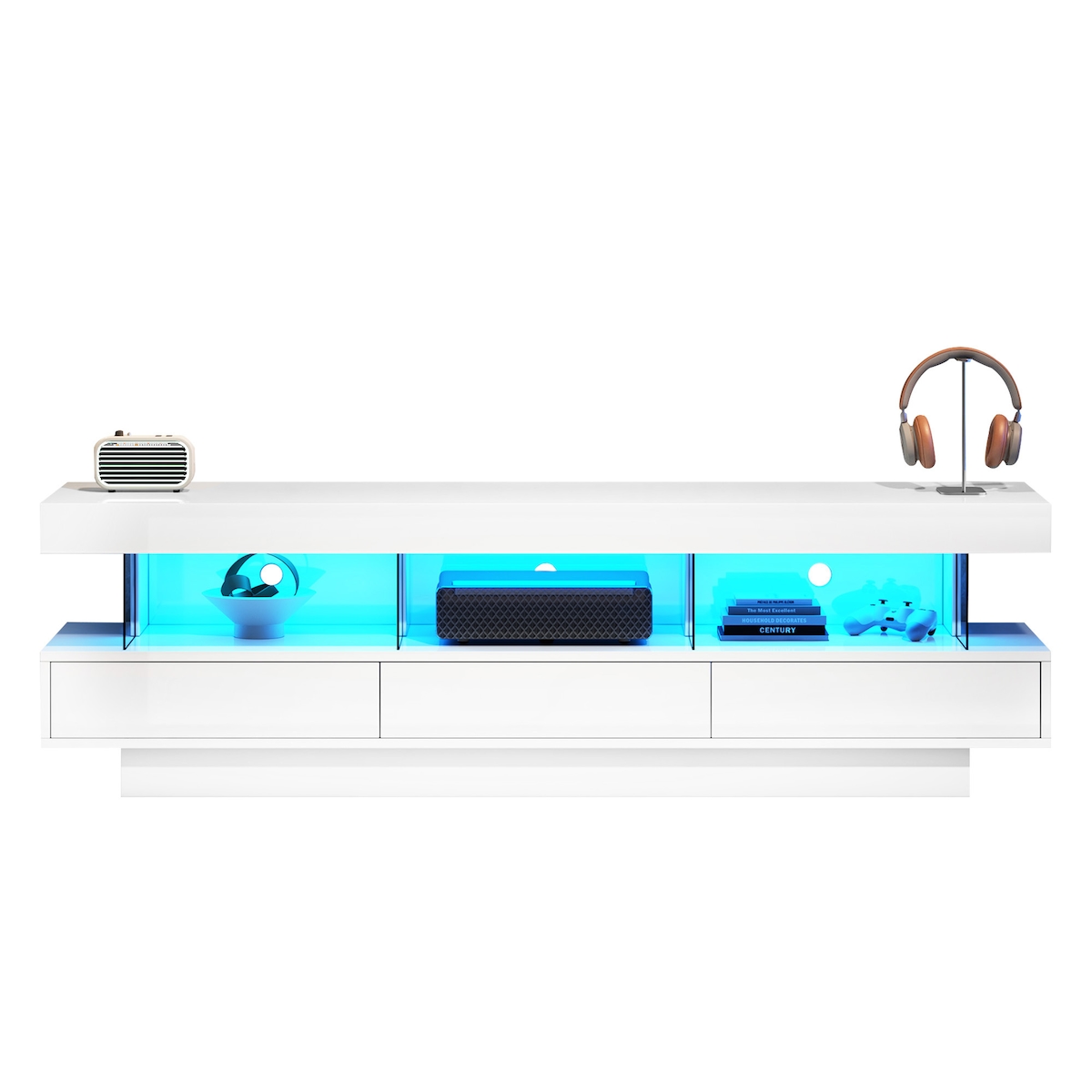 Merax 160 cm weißer Hochglanz-TV-Schrank mit 3 Glasfächern, LED-Beleuchtung, App-Steuerung, Bluetooth-verbunden, für 70-Zoll-TV
