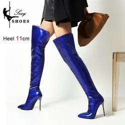 Bottes longues pour femmes, bleu foncé, bout pointu, talon aiguille en métal, cuir verni, chaussures au dessus du genou, grande taille, peluche courte