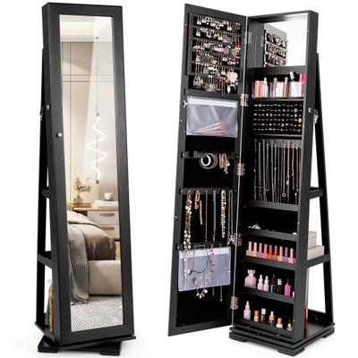 Costway 360° Rotatable 2-in-1 Lockable Jewelry Cabinet with Full-Length Mirror-Black