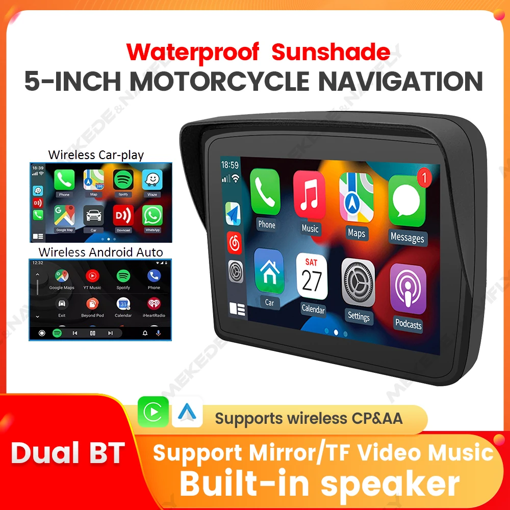 5 ''tragbare Motorrad Apple Carplay Bildschirm GPS Navigation IP67 wasserdichte Sonnenschutz drahtlose Android Auto Dual BT WiFi