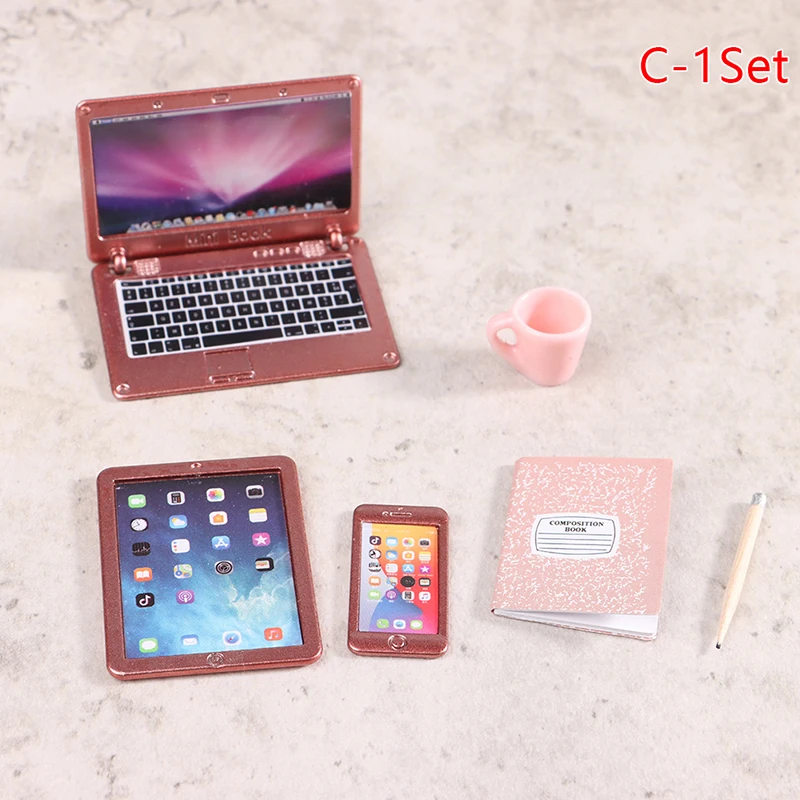 6/7 teile/satz antike Puppenhaus Miniatur Laptop Telefon Tablet Schreibtisch lampe Bleistift Buch Tasse Modell Puppenhaus lernen Dewk Szene Dekor Image