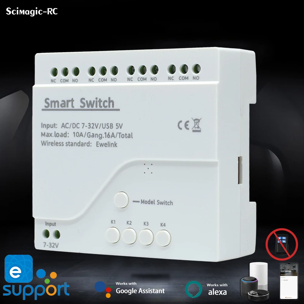 EWELINK Smart Relais Wifi Drahtlose Modul Licht Motor Schalter 4CH Fernbedienung 12V 24V 220V USB 5V Trocken Kontaktieren Din-schiene Alexa Image