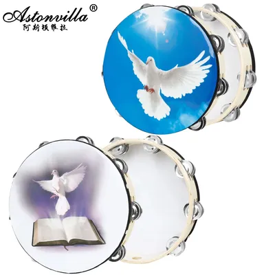 8/10 Inch Peace Dove Double Layer Hand Solid Wood Hand Held Tambourine with Double Row Jingles