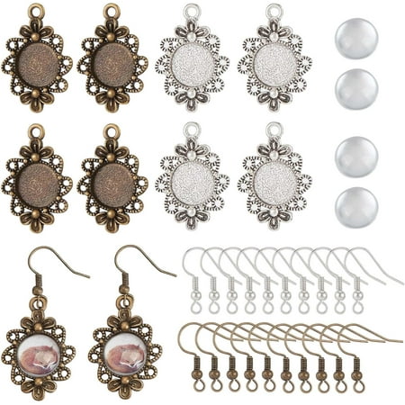 1 Box 120Pcs DIY 20 Pairs Cabochon Earring Blanks Vintage Antique Bronze Silver Earrings Making Kit 12mm Glass Cabochon Earring Bezel Trays Setting Earring Hooks for Jewelry Making Kits