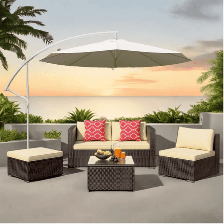 Patio Furniture Set Clearance 5 Pieces Sectional Outdoor Sofa Chairs All Weather PE Garden Wicker Rattan Patio Seating Sofas with Cushion Glass Table 2 Pillows-Beige