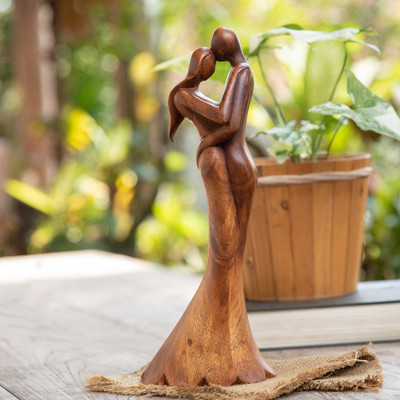 'Romantic Semi-Abstract Hand-Carved Suar Wood Sculpture'
