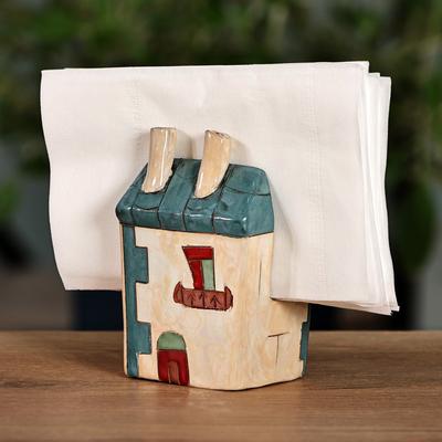 Peaceful Home,'Turquoise and Ivory Ceramic House Napkin Holder (Small)'