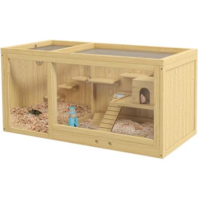 Pawhut - Hamsterkäfig aus Holz Nagerkäfig Kleintierkäfig mit klappbarem Deckel Schaukeln, Leitern