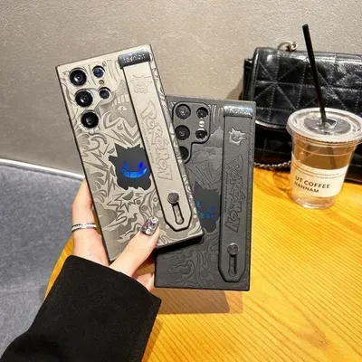 Japan Anime Pocket Monsters Pokémon Gengar Wrist Strap Holder Phone Case For Samsung Galaxy S 25 24 23 Ultra Puls Leather Cover