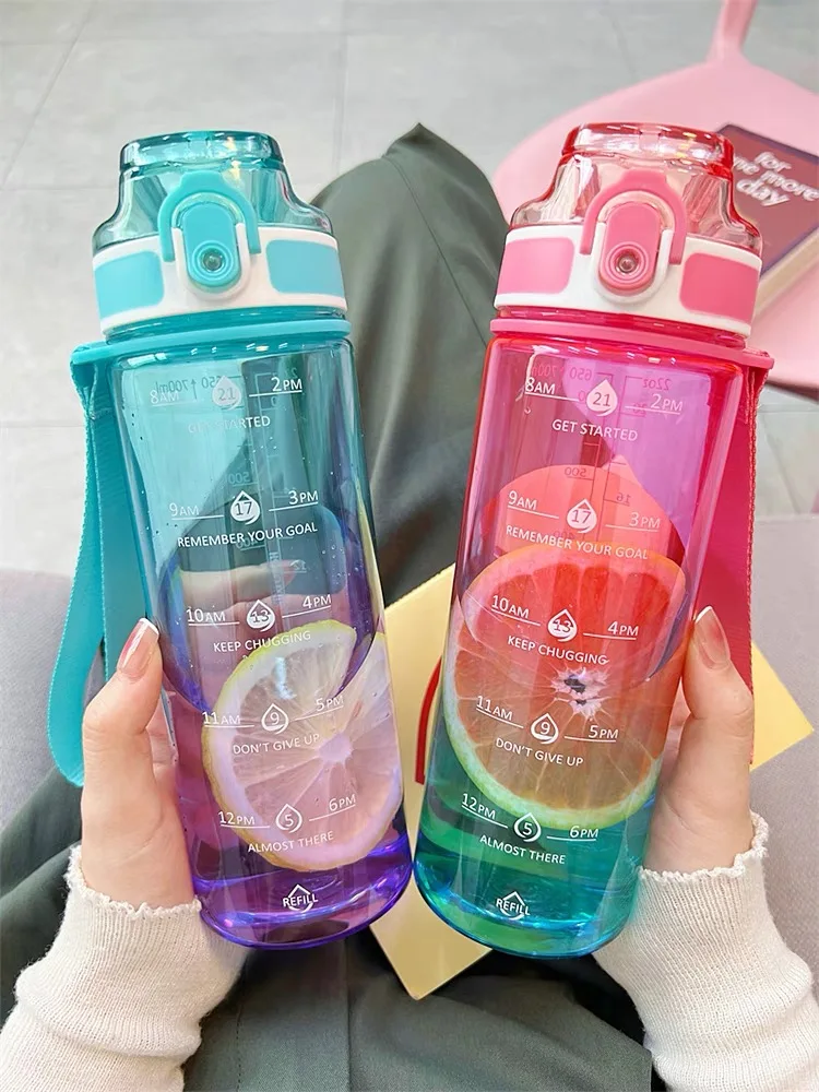 1L Farbverlauf Reise Outdoor Trinkflasche Kunststoff Wasserflasche Tasse mit Zeitmarkierung Skala Sport Wasserflasche für Mädchen Jungen Schule Image
