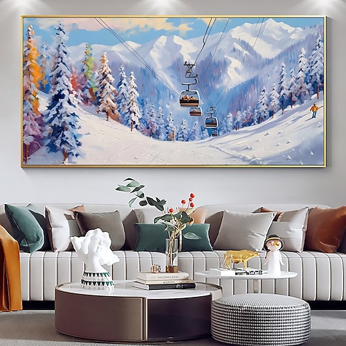 Mintura handgefertigte Ölgemälde mit Ski-Landschaft auf Leinwand, Wandkunst, Dekoration, modernes abstraktes Bild für die Inneneinrichtung, gerolltes, rahmenloses, ungedehntes Gemälde Image