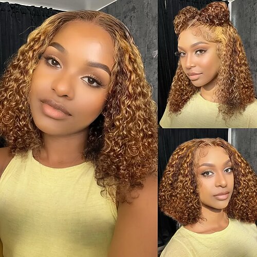 Unverarbeitetes reines Haar 13x4 Spitzenfront Perücke Kurzer Bob Brasilianisches Haar Tief geschweift Afro verworrenes lockiges Orange Burgund Mehrfarbig Perücke 130% 150% 180% Haardichte mit Image