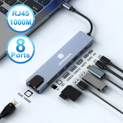 8 in 1 USB C Hub Type C to 4K HDTV Adapter with RJ45 SD/TF Card Reader Fast Charger for MacBook